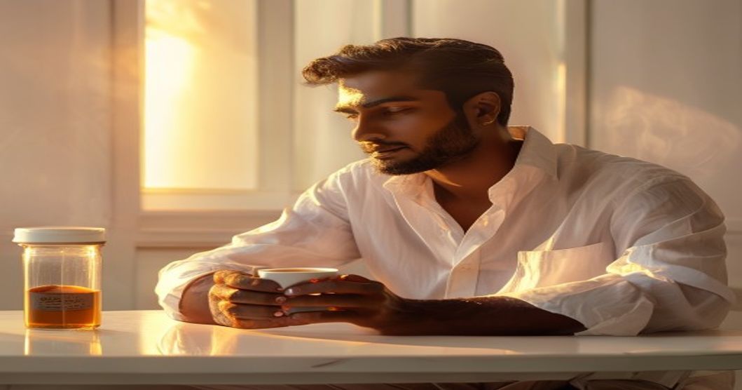 Image of a person holding a cup of coffee with a morning background, such as a sunrise or a breakfast table.