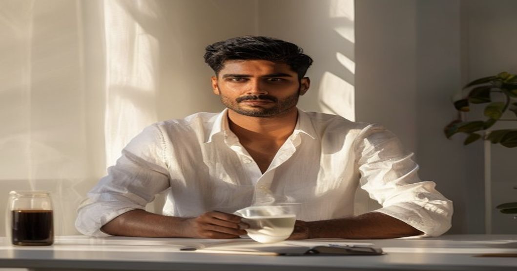 Image of a person working from home with a cup of coffee