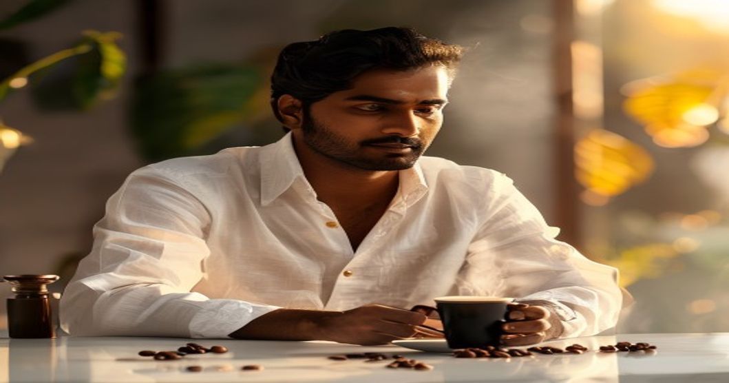 A cup of Purity Beans coffee on a table, with a subtle background of a coffee plantation